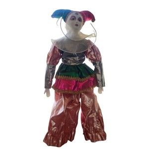 Vintage Porcelain Harlequin Jester Clown Doll 16" Green Pink Silver
